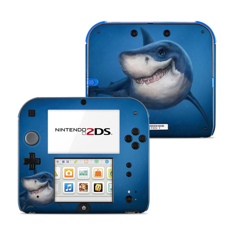 Nintendo 2DS Skin design of Fish, Great white shark, Shark, Tiger shark, Cartilaginous fish, Requiem shark, Lamniformes, Bull shark, Carcharhiniformes, with black, blue, gray colors