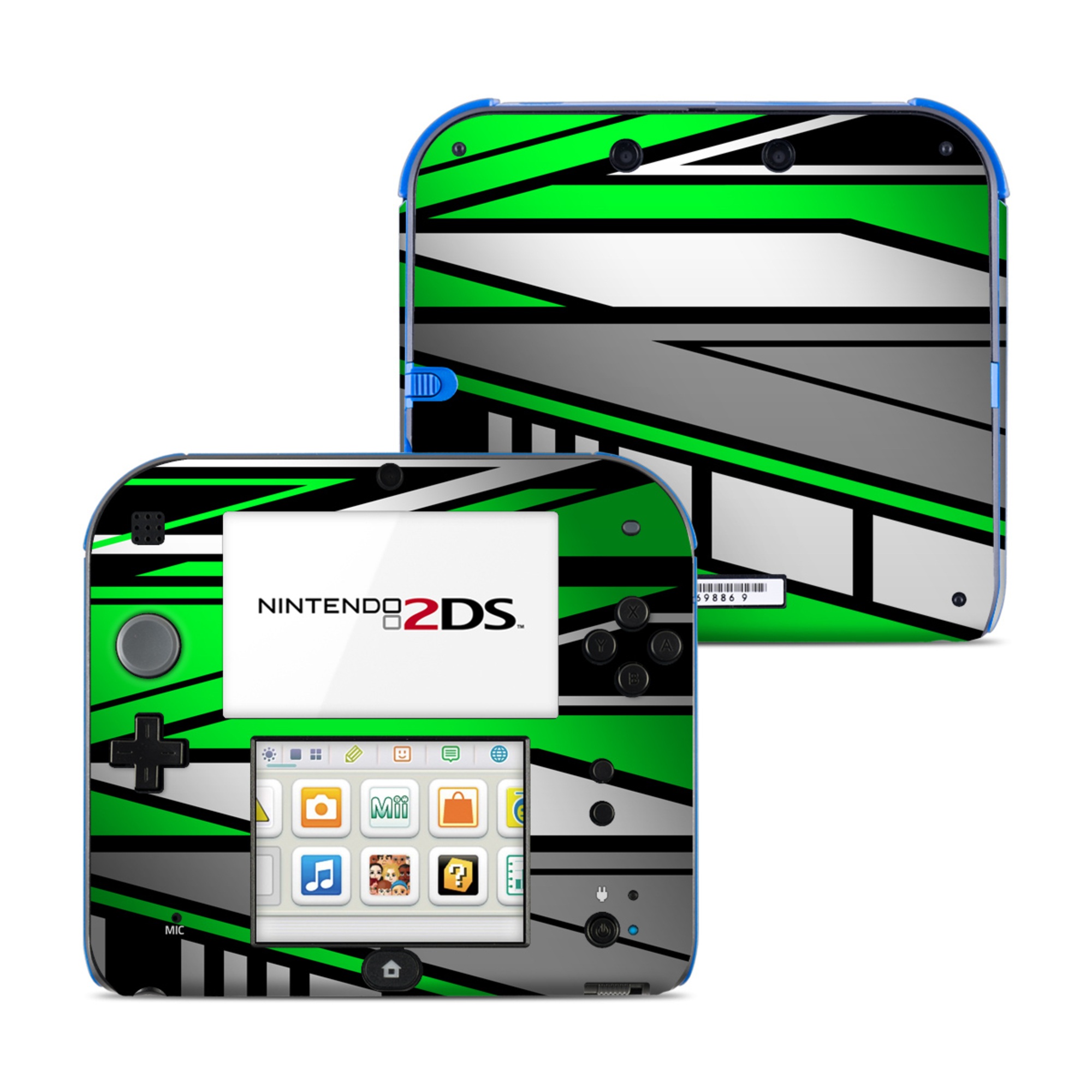 Nintendo 2DS Skin design of Colorfulness, Green, Rectangle, Slope, Font, Line, Material property, Parallel, Tints and shades, Graphics, with black, green, white, gray colors