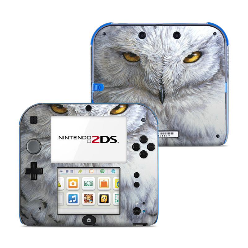 Nintendo 2DS Skin design of Owl, Bird, Bird of prey, Snowy owl, great grey owl, Close-up, Eye, Snout, Wildlife, Eastern Screech owl, with gray, white, black, blue, purple colors
