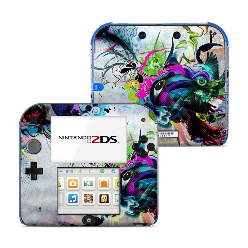 Nintendo 2DS Skin design of Graphic design, Psychedelic art, Art, Illustration, Purple, Visual arts, Graffiti, Street art, Design, Painting, with gray, black, blue, green, purple colors