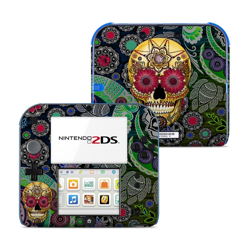 Nintendo 2DS Skin design of Skull, Bone, Pattern, Psychedelic art, Visual arts, Design, Illustration, Art, Textile, Plant, with black, red, gray, green, blue colors