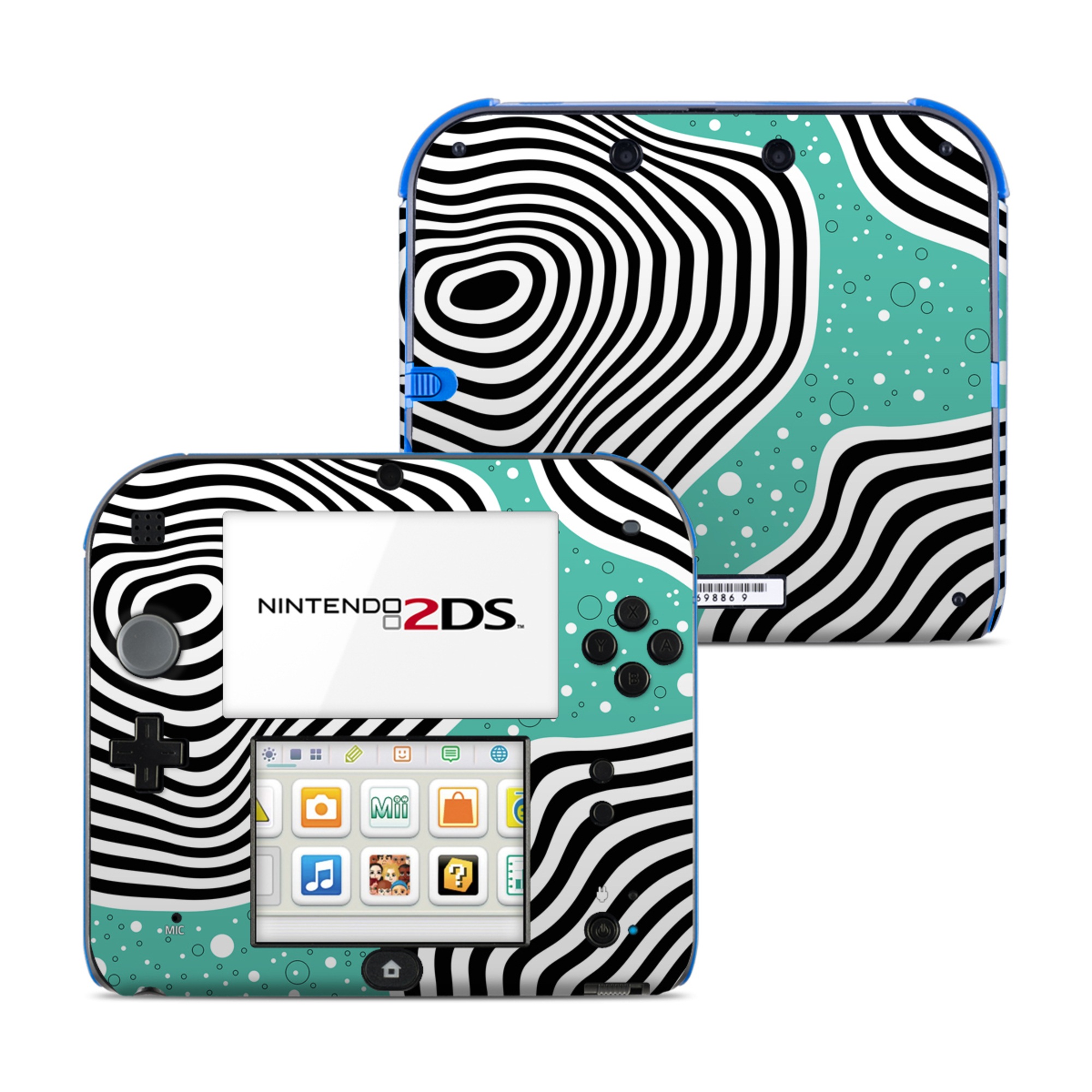 Nintendo 2DS Skin design of White, Rectangle, Art, Line, Aqua, Pattern, Electric blue, Visual arts, Font, Graphics, with white, black, blue, green colors