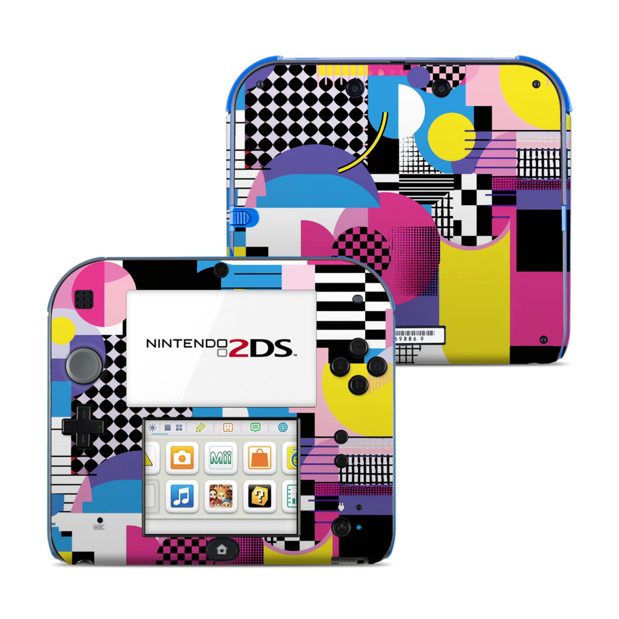 Nintendo 2DS Skin design of Rectangle, Textile, Art, Font, Line, Material property, Magenta, Pattern, Circle, Tints and shades, with pink, yellow, white, black, purple, blue colors