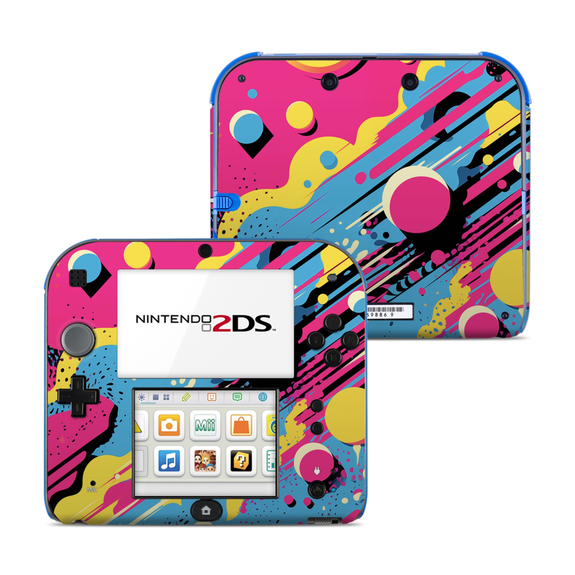 Nintendo 2DS Skin design of Colorfulness, Paint, Art, Font, Line, Material property, Magenta, Pattern, Illustration, Circle, with pink, yellow, blue, black, white colors