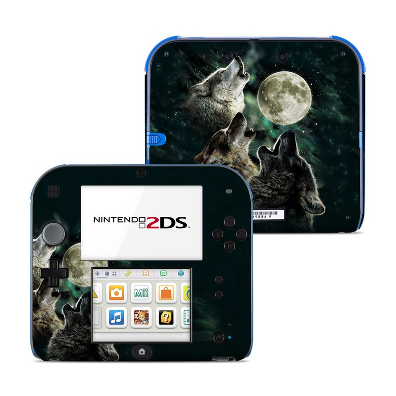 Nintendo 2DS Skin design of Wolf, Light, Astronomical object, Moon, Wildlife, Organism, Moonlight, Sky, Atmosphere, Celestial event, with black, gray, green colors