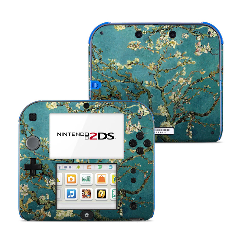 Nintendo 2DS Skin design of Tree, Branch, Plant, Flower, Blossom, Spring, Woody plant, Perennial plant, with blue, black, gray, green colors