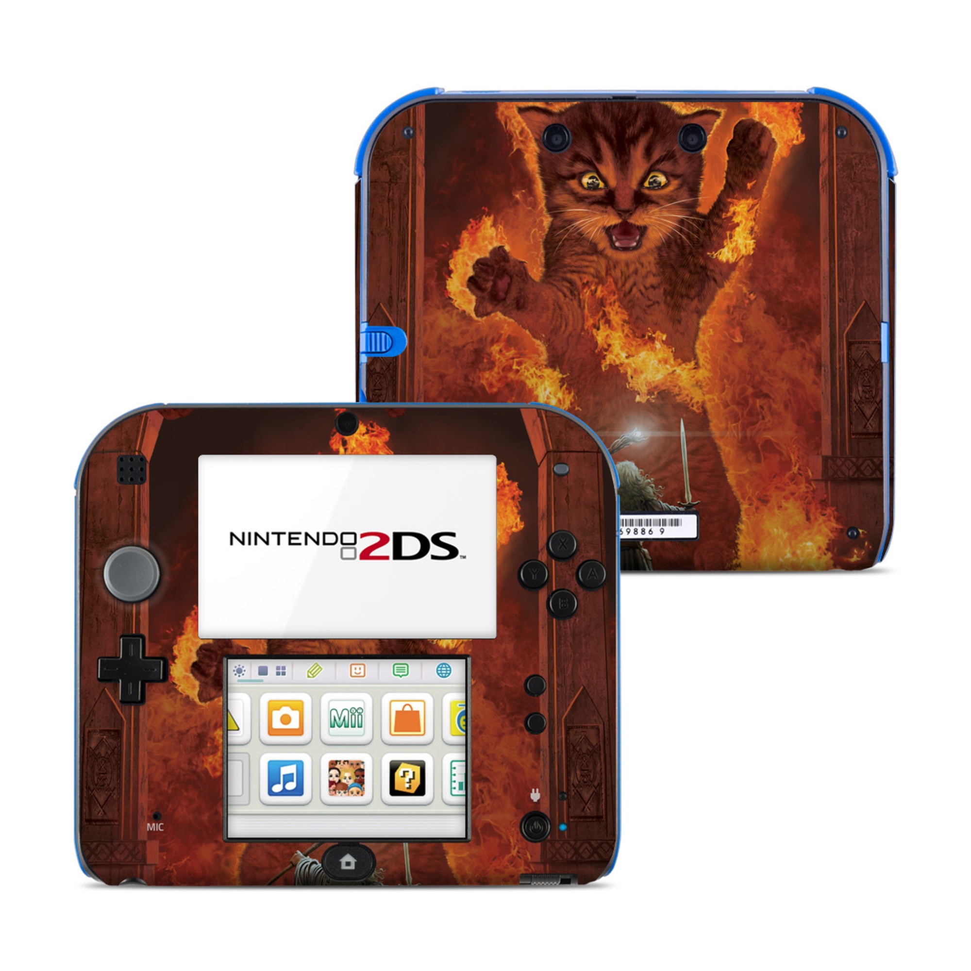 Nintendo 2DS Skin design of Cartoon, Art, Carnivore, Cg artwork, Felidae, Supernatural creature, Big cats, Heat, Fictional character, Darkness, with black, red, white, gray, yellow colors