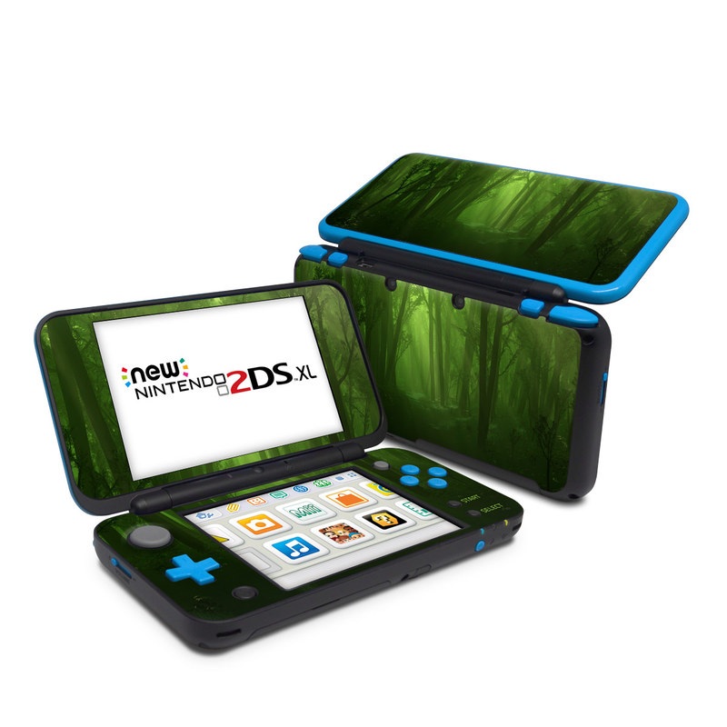 Nintendo 2DS XL Skin design of Nature, Green, Forest, Old-growth forest, Woodland, Natural environment, Vegetation, Tree, Natural landscape, Atmospheric phenomenon, with black, green colors
