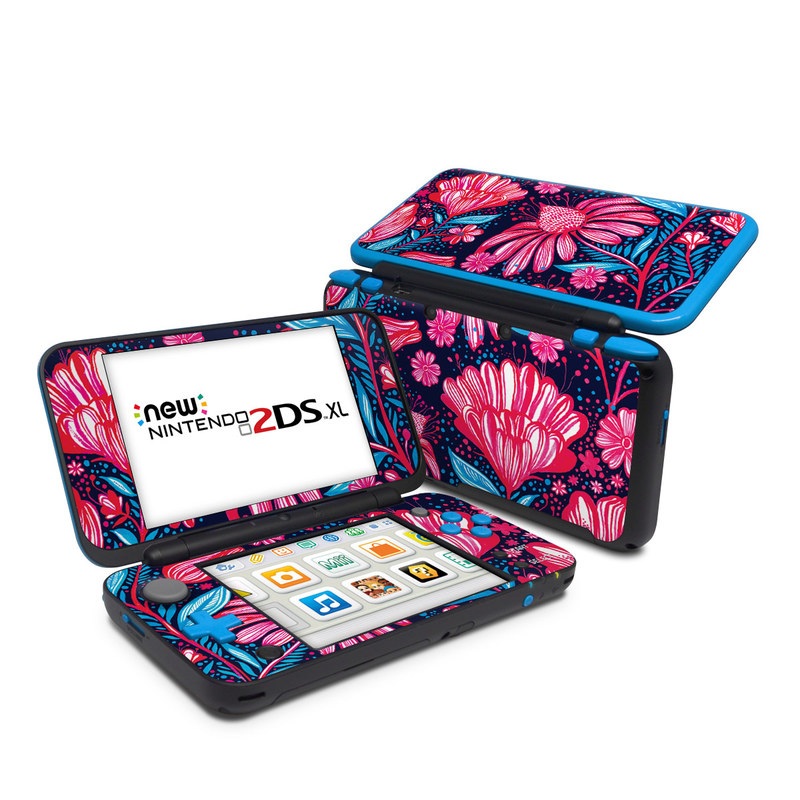Nintendo 2DS XL Skin design of Pattern, Red, Pink, Floral design, Textile, Design, Flower, Plant, Petal with black, white, red, blue, pink colors