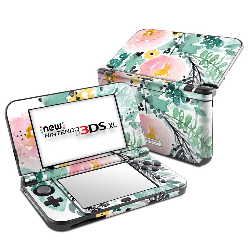 Nintendo 3DS XL Skin design of Branch, Clip art, Watercolor paint, Flower, Leaf, Botany, Plant, Illustration, Design, Graphics with green, pink, red, orange, yellow colors