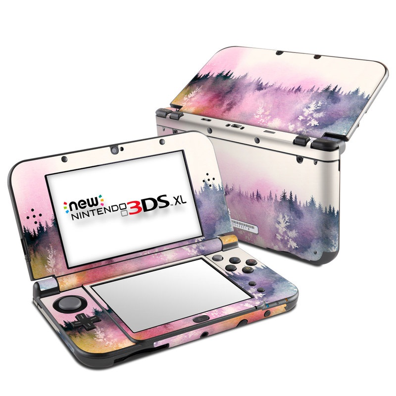 Nintendo 3DS XL Skin design of Watercolor paint, Sky, Atmospheric phenomenon, Tree, Atmosphere, Cloud, Landscape, Forest, Painting, Illustration with white, yellow, pink, purple, blue, black colors