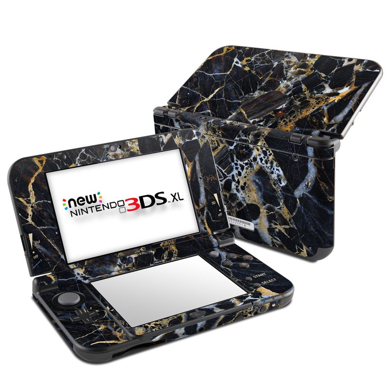 Nintendo 3DS XL Skin design of Black, Yellow, Rock, Brown, Marble, Water, Close-up, Granite, Pattern, Geology, with black, white, orange, gray, yellow colors