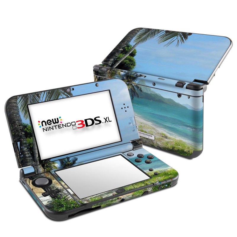 Nintendo 3DS XL Skin design of Body of water, Tropics, Nature, Natural landscape, Shore, Coast, Caribbean, Sea, Tree, Beach, with gray, black, blue, green colors