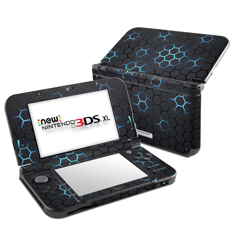 Nintendo 3DS XL Skin design of Pattern, Water, Design, Circle, Metal, Mesh, Sphere, Symmetry, with black, gray, blue colors