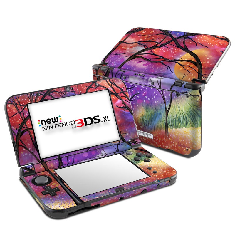 Nintendo 3DS XL Skin design of Nature, Tree, Natural landscape, Painting, Watercolor paint, Branch, Acrylic paint, Purple, Modern art, Leaf with red, purple, black, gray, green, blue colors