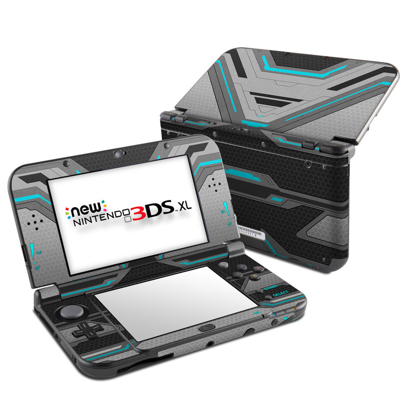 Nintendo 3DS XL Skin design of Blue, Turquoise, Pattern, Teal, Symmetry, Design, Line, Automotive design, Font with black, gray, blue colors
