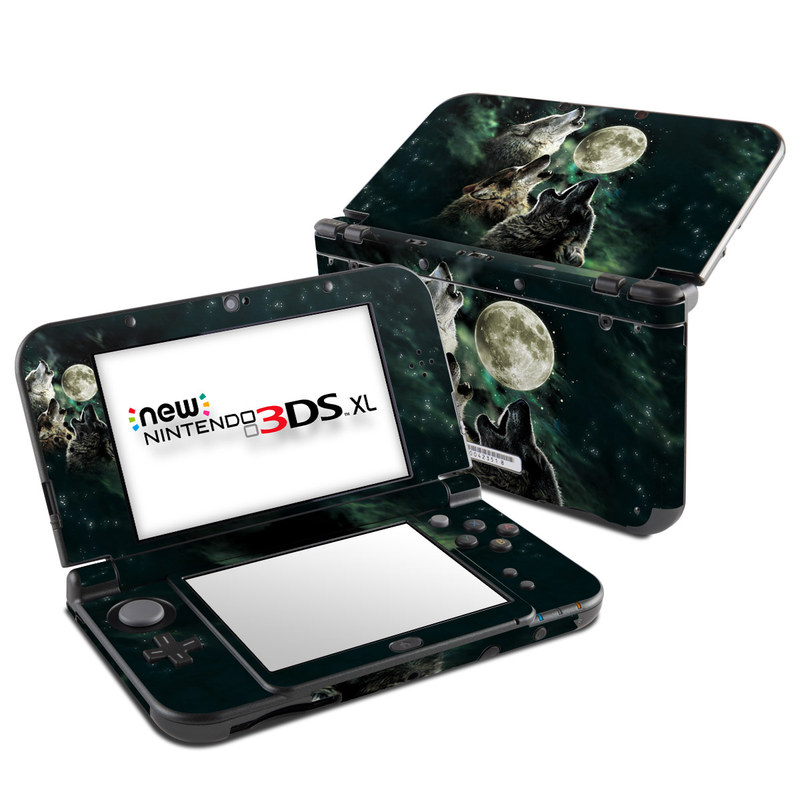 Nintendo 3DS XL Skin design of Wolf, Light, Astronomical object, Moon, Wildlife, Organism, Moonlight, Sky, Atmosphere, Celestial event, with black, gray, green colors