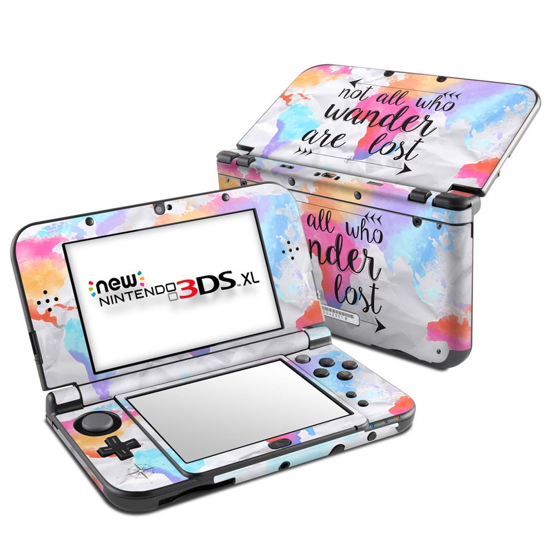 Nintendo 3DS XL Skin design of Font, Text, Calligraphy, Graphics, with black, white, orange, pink, red, blue, purple, yellow colors