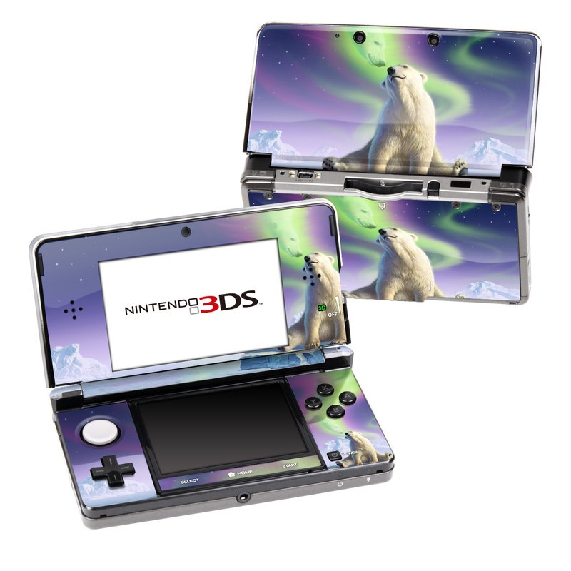 Nintendo 3DS Original Skin design of Aurora, Sky, Wildlife, Polar bear, Fictional character, with white, blue, green, purple colors