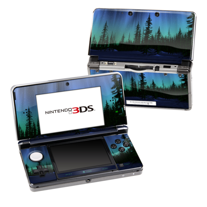 Nintendo 3DS Original Skin design of Aurora, Nature, Sky, shortleaf black spruce, Natural landscape, Tree, Wilderness, Natural environment, Biome, Spruce-fir forest, with blue, purple, green, black colors