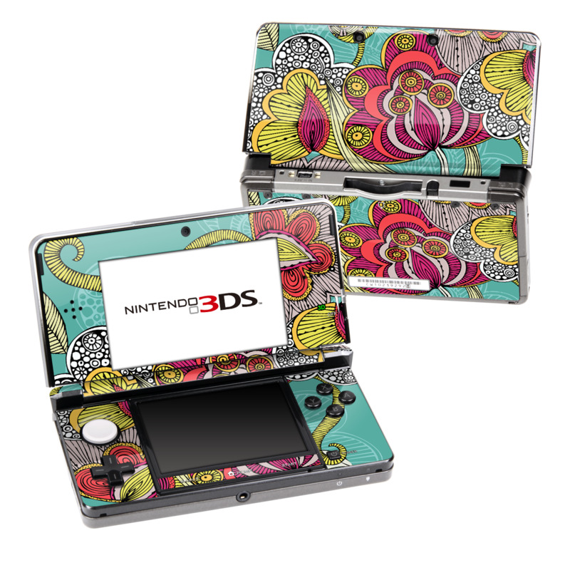 Nintendo 3DS Original Skin design of Pattern, Visual arts, Motif, Floral design, Design, Art, Plant, Flower, Organism, Textile, with red, yellow, blue, gray, pink colors
