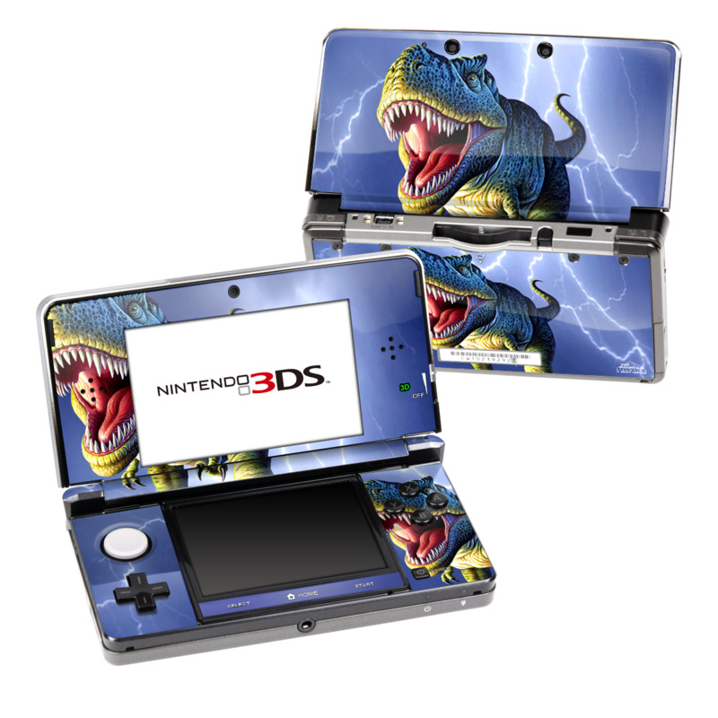 Nintendo 3DS Original Skin design of Dinosaur, Extinction, Tyrannosaurus, Velociraptor, Tooth, Jaw, Organism, Mouth, Fictional character, Art with blue, green, yellow, orange, red colors