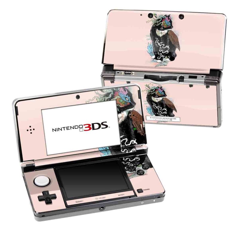 Nintendo 3DS Original Skin design of Illustration, Owl, Art, Graphic design, Cat, Tail, with pink, black, brown, red, green colors