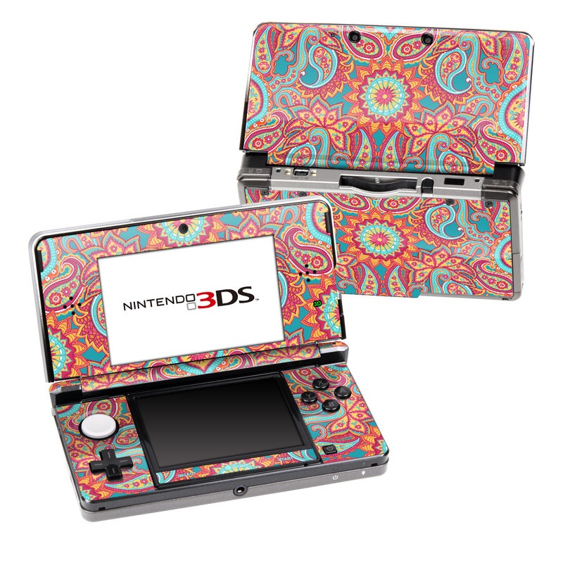 Nintendo 3DS Original Skin design of Pattern, Paisley, Motif, Visual arts, Design, Art, Textile, Psychedelic art, with orange, yellow, blue, red colors