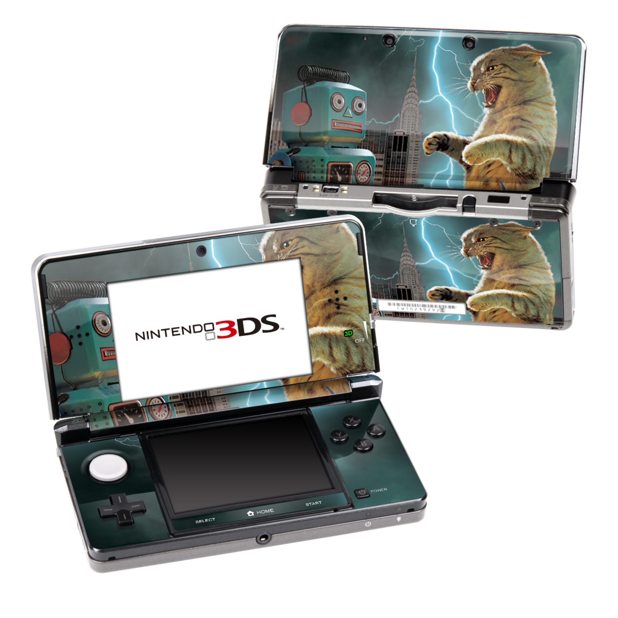 Nintendo 3DS Original Skin design of Lightning, Felidae, Carnivore, Art, Whiskers, Big cats, Cg artwork, Terrestrial animal, Small to medium-sized cats, Thunder, with black, blue, red, yellow, white, brown, gray, orange colors
