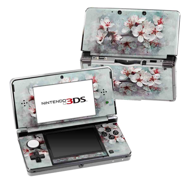 Nintendo 3DS Original Skin design of Blossom, Flower, Cherry blossom, Watercolor paint, Plant, Spring, Pink, Petal, Branch, Painting, with white, gray, red, pink, purple, blue colors