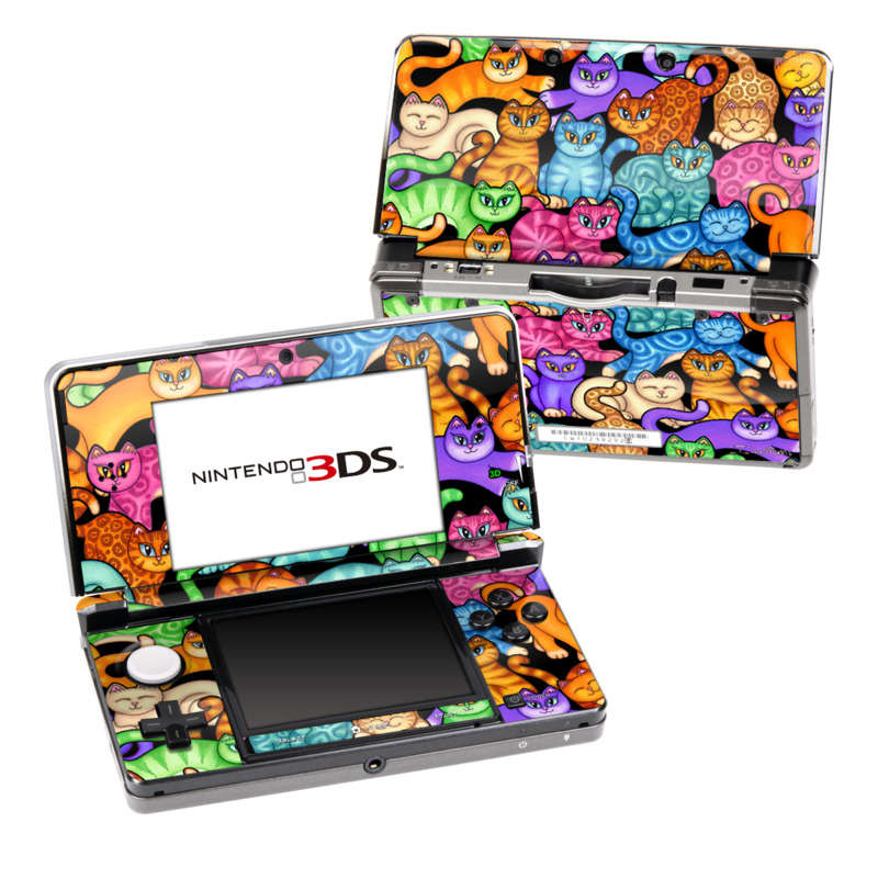 Nintendo 3DS Original Skin design of Cat, Cartoon, Felidae, Organism, Small to medium-sized cats, Illustration, Animated cartoon, Wildlife, Kitten, Art, with black, blue, red, purple, green, brown colors