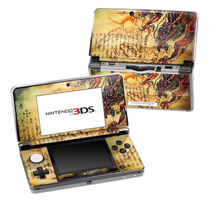 Nintendo 3DS Original Skin design of Illustration, Fictional character, Art, Demon, Drawing, Visual arts, Dragon, Supernatural creature, Mythical creature, Mythology, with black, green, red, gray, pink, orange colors