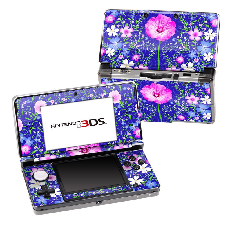 Nintendo 3DS Original Skin design of Purple, Violet, Flower, Plant, Wildflower, Pattern, Petal, Design, Graphics, Morning glory, with blue, purple, pink, green, white, yellow colors