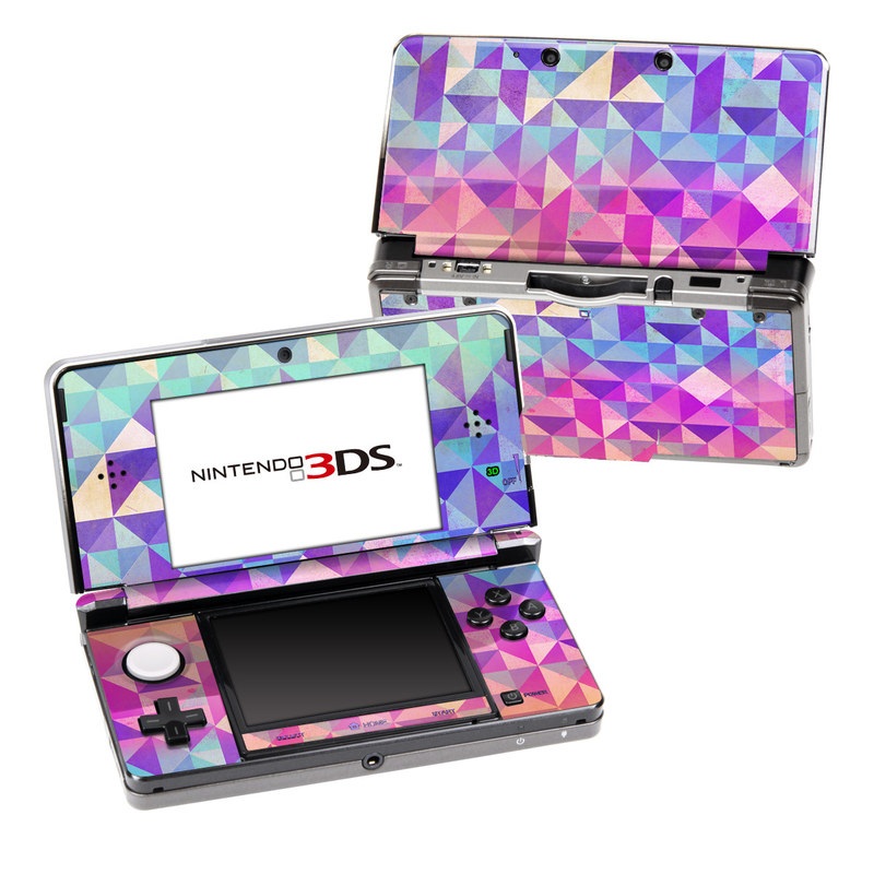 Nintendo 3DS Original Skin design of Pattern, Purple, Triangle, Violet, Magenta, Line, Design, Symmetry, Psychedelic art, with gray, purple, green, blue, pink colors