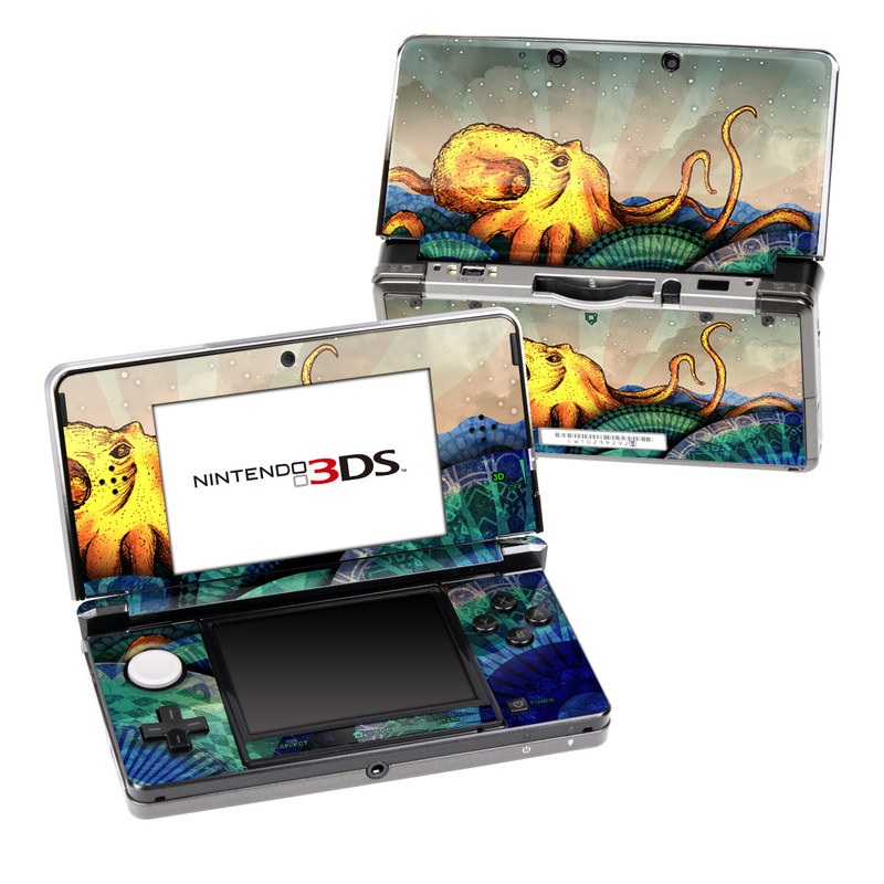 Nintendo 3DS Original Skin design of Illustration, Fractal art, Art, Cg artwork, Sky, Organism, Psychedelic art, Graphic design, Graphics, Octopus, with black, gray, blue, green, red colors