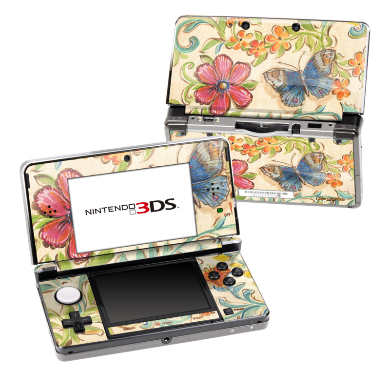 Nintendo 3DS Original Skin design of Butterfly, Moths and butterflies, Insect, Pollinator, Plant, Pattern, Watercolor paint, Wildflower, Visual arts, Brush-footed butterfly, with gray, pink, green, red, orange, blue colors