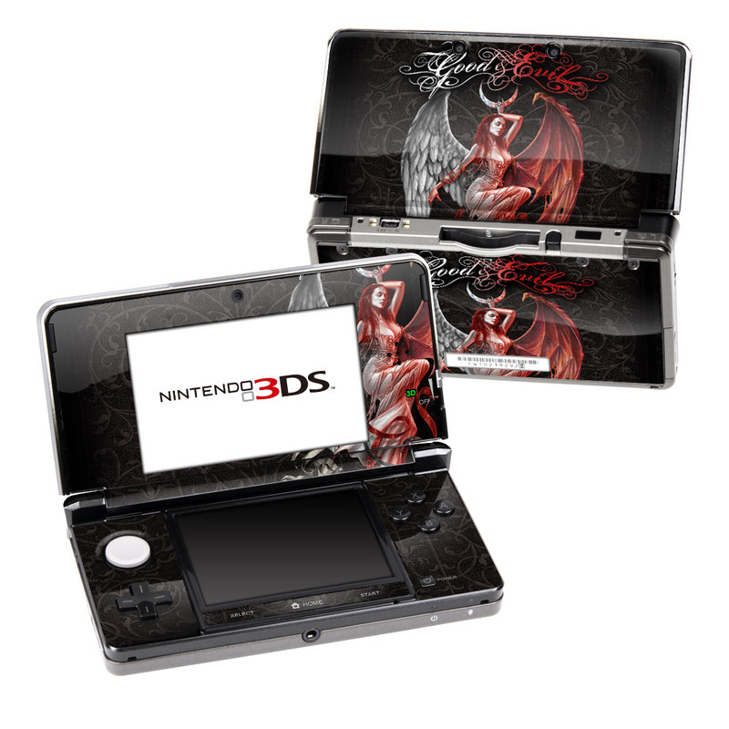 Nintendo 3DS Original Skin design of Illustration, Fictional character, Graphic design, Supernatural creature, Demon, Cg artwork, Art, Mythology, Angel, Wing, with black, white, red colors