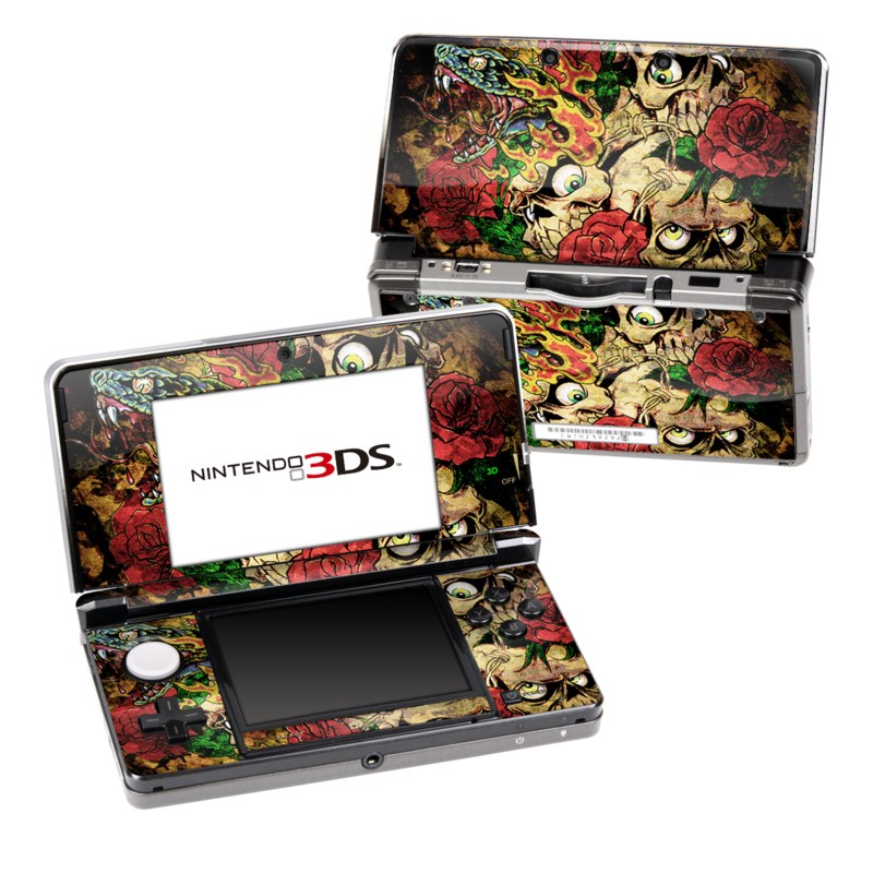 Nintendo 3DS Original Skin design of Illustration, Bouquet, Art, Skull, Plant, Rose, Flower, Graphic design, Fictional character, Floral design, with black, red, green, gray colors