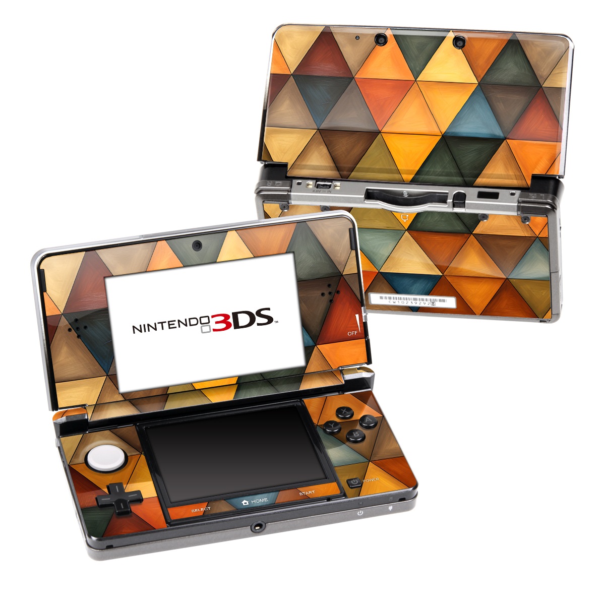 Nintendo 3DS Original Skin design of Brown, Colorfulness, Rectangle, Azure, Amber, Orange, Triangle, Art, Flooring, Line, with yellow, orange, red, black, blue, brown colors