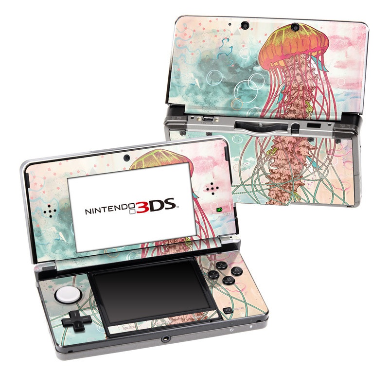 Nintendo 3DS Original Skin design of Jellyfish, Illustration, Water, Cnidaria, Marine invertebrates, Organism, Portuguese man o' war, Art, Nepenthes, Invertebrate, with gray, pink, yellow, red, green colors