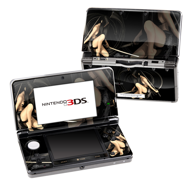 Nintendo 3DS Original Skin design of Black, Photography, Leg, Black hair, Cg artwork, Darkness, Fetish model, Sitting, Flash photography, with black, yellow, gray, white colors