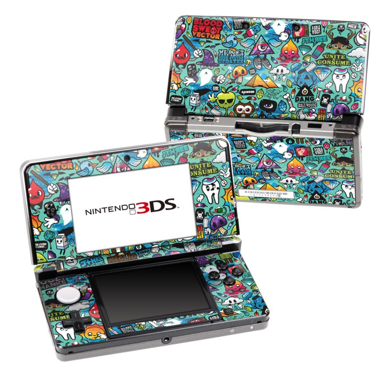 Nintendo 3DS Original Skin design of Cartoon, Art, Pattern, Design, Illustration, Visual arts, Doodle, Psychedelic art, with black, blue, gray, red, green colors