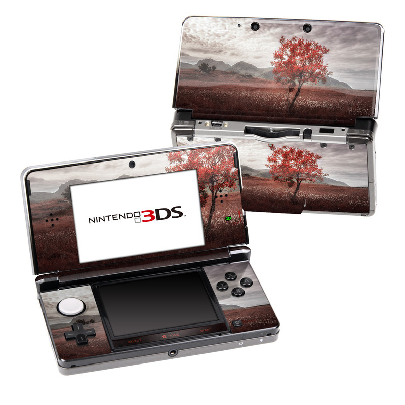 Nintendo 3DS Original Skin design of Natural landscape, Nature, Tree, Sky, Red, Natural environment, Atmospheric phenomenon, Leaf, Cloud, Woody plant, with black, gray, red colors