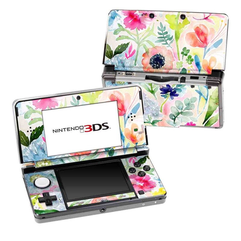 Nintendo 3DS Original Skin design of Flower, Watercolor paint, Plant, Flowering plant, Pattern, Floral design, Botany, Petal, Wildflower, Design, with green, pink, yellow, orange, blue, red, purple colors