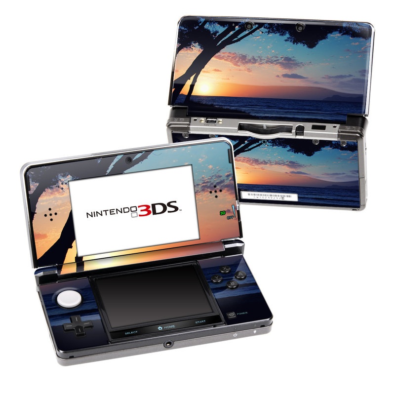 Nintendo 3DS Original Skin design of Sky, Horizon, Nature, Tree, Sunset, Sunrise, Ocean, Sea, Natural landscape, Afterglow, with black, gray, blue, green, red, pink colors