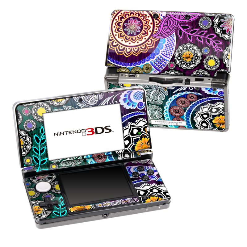Nintendo 3DS Original Skin design of Pattern, Psychedelic art, Art, Visual arts, Design, Floral design, Textile, Motif, Circle, Illustration, with black, gray, purple, blue, green, red colors