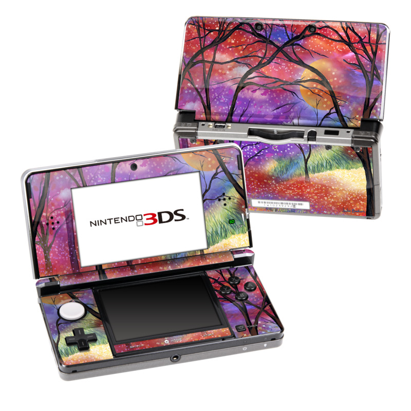 Nintendo 3DS Original Skin design of Nature, Tree, Natural landscape, Painting, Watercolor paint, Branch, Acrylic paint, Purple, Modern art, Leaf, with red, purple, black, gray, green, blue colors