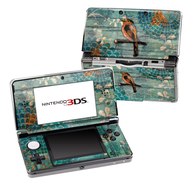 Nintendo 3DS Original Skin design of Bird, Turquoise, Painting, Art, Coraciiformes, Branch, Beak, Wildlife, Perching bird, Illustration, with black, blue, gray, green, red colors
