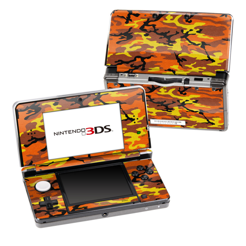 Nintendo 3DS Original Skin design of Military camouflage, Orange, Pattern, Camouflage, Yellow, Brown, Uniform, Design, Tree, Wildlife, with red, green, black colors
