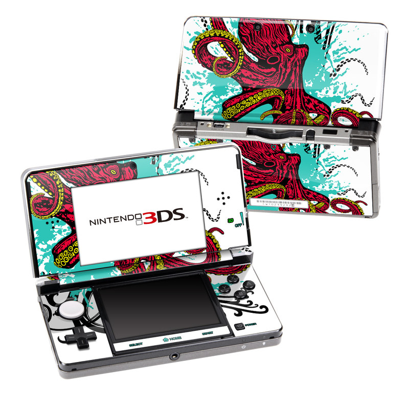 Nintendo 3DS Original Skin design of Graphic design, Illustration, Visual arts, Octopus, Design, Art, Fictional character, Pattern, Clip art, Line art, with black, white, gray, red, blue, green colors
